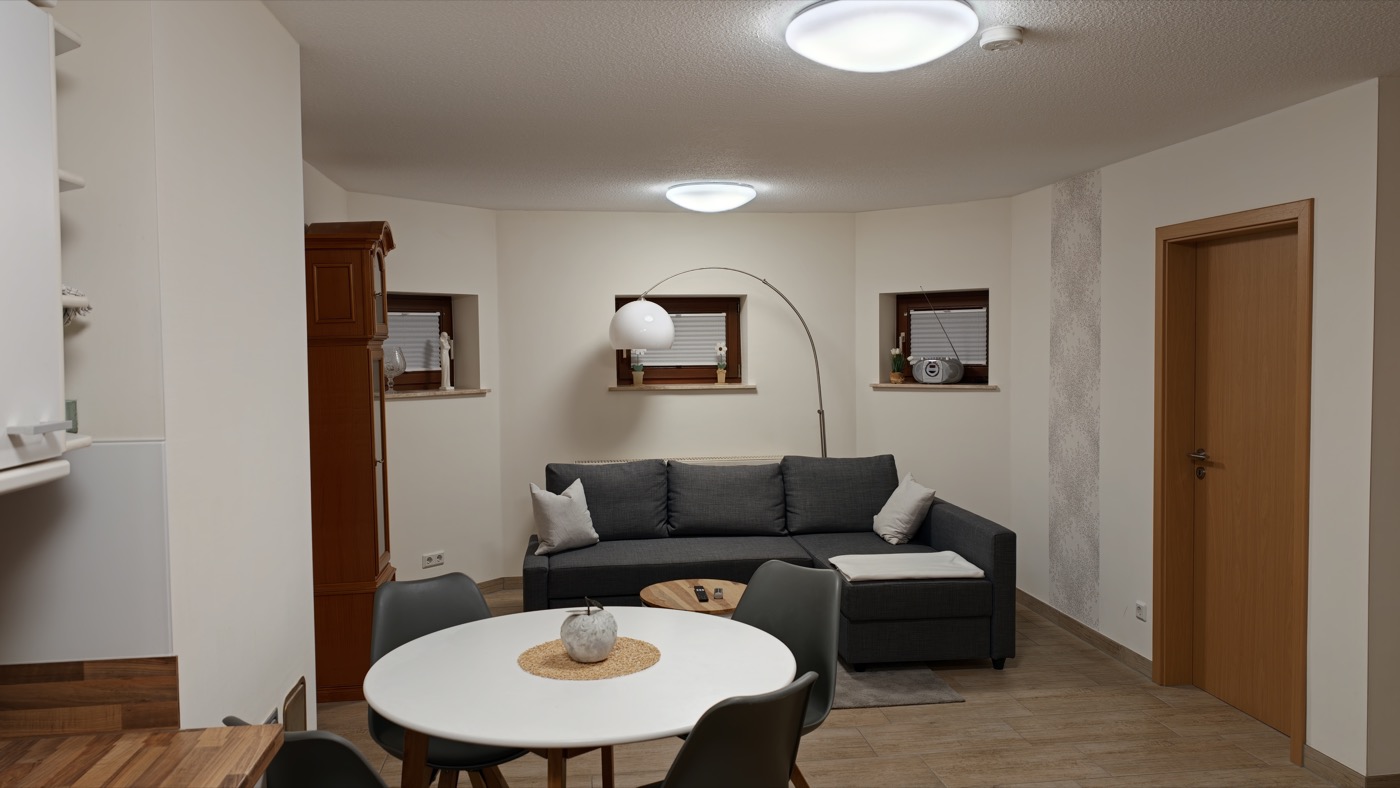 Der Wohnbereich mit Sofa, Esstisch und Bogenlampe